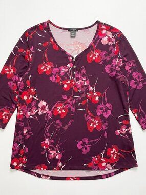 Love Ryan Women's 2X Tunic Top Plum Fuchsia Red Floral 3/4 Sleeve V-Neck Henley